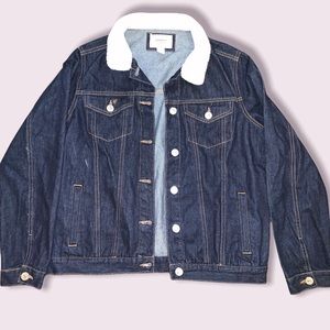 Forever 21 Fuzzy Collar Dark Blue Denim Jean Jacket with Buttons Size L